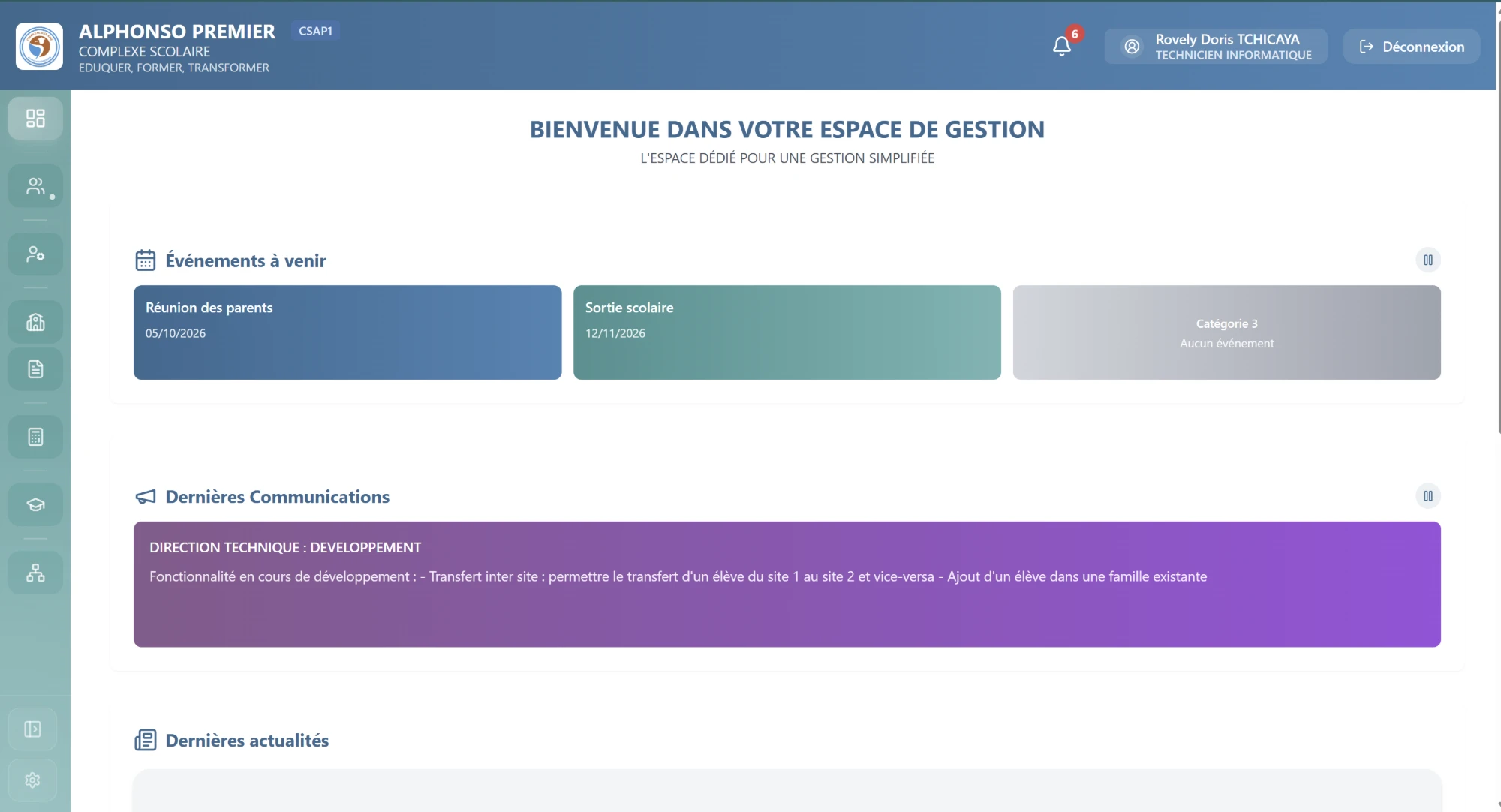 Tableau de bord de Klasys : événements à venir et communications de l'école